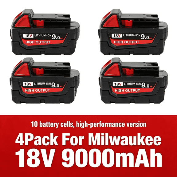 9.0Ah M18 Battery 4-Pack for Milwaukee 18V Tools, High Capacity Lithium-Ion with LED Indicator