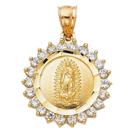 Solid 14K Yellow Gold Our Lady of Guadalupe Pendant with Cubic Zirconia Accents – Real Gold, Not Plated – 25mm x 20mm for Women & Men