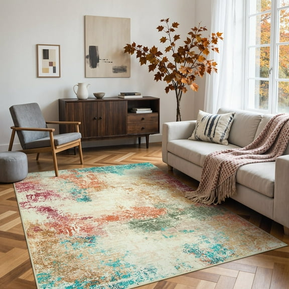 RUG ROBOT Abstract 5'x7' Area Rugs for Living Room, Washable Soft Distressed Rugs for Bedroom Non-Slip, Soft Modern Indoor Mat Throw Rug for Kitchen Dining Room, Colorful