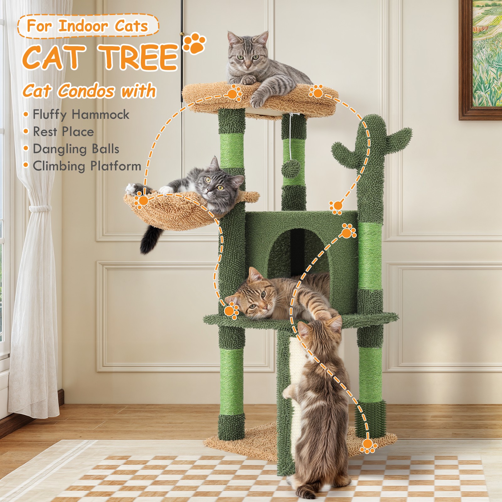 OSM 42-inch Cactus Cat Tree for Indoor Cats, Multi-Level Tower with Condo, Scratching Post, Ramp, Perch, Basket & Toys, Compact Climber for Kittens & Small Cats, Green