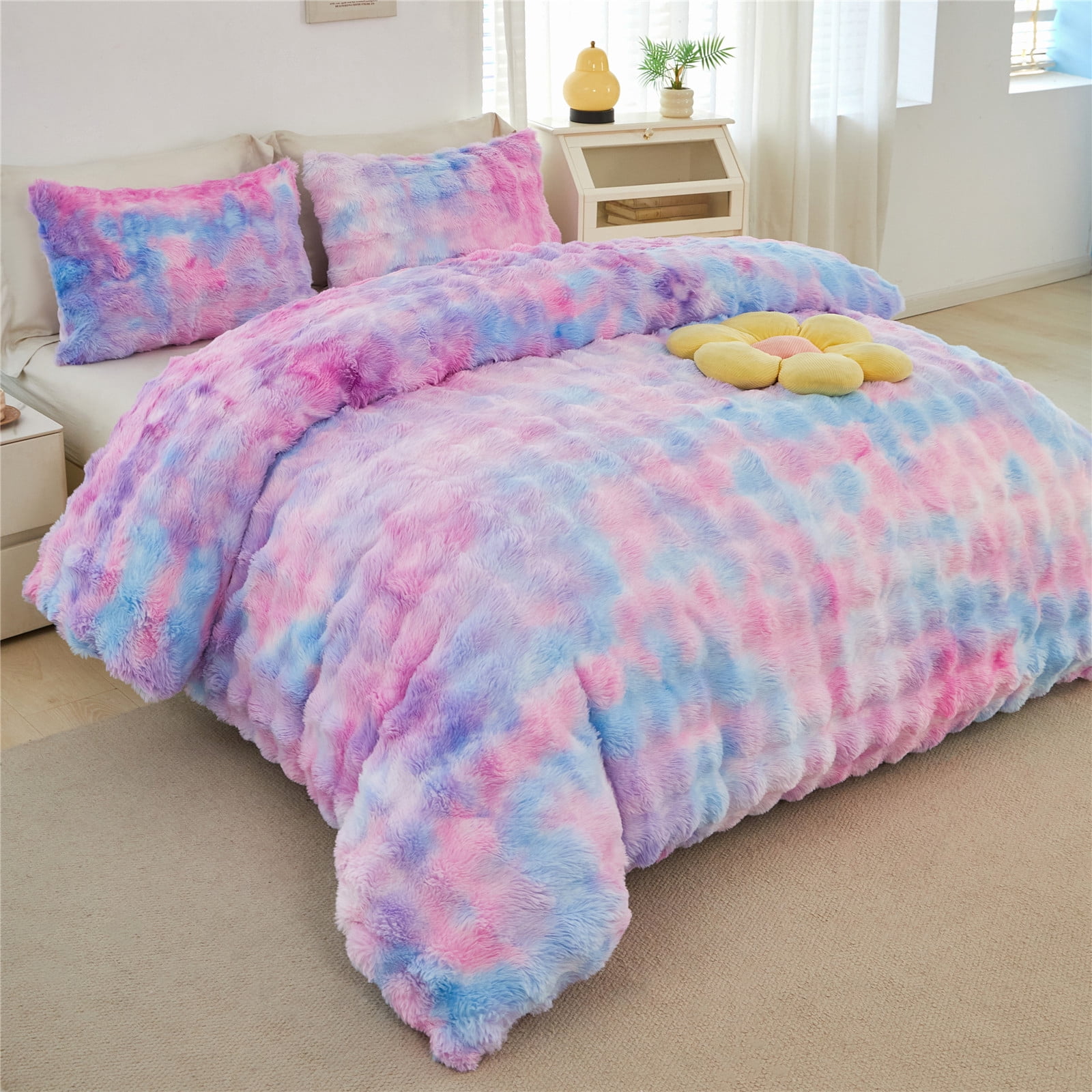 RYNGHIPY Kids Bedding Comforter Sets Full 3 Pieces Bubble Faux Fur Bedding Set Blue Purple Soft Shaggy Comforter Set Skin Friendly Fluffy Bed Set for Winter