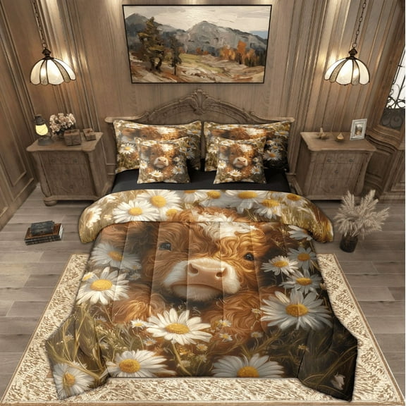 Feelyou Highland Cattle Twin Bedding Sets 7-Piece, Groovy Floral Bedding Comforter Set, Kawaii Farmhouse Animal Sheet Sets, Microfiber Bedroom Decor