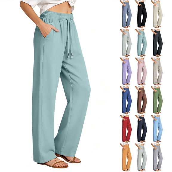 Bloomae Straight Leg Sweatpants for Women Lightweight Thin Casual Drawstring Elastic High Waist Loose Wide Leg Pants Stretch Quick Dry Soft Athletic Lounge Pants with Pockets