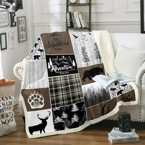 Hunting Bear Deer Throw Blanket, Rustic Cabin Patchwork Fleece Blanket Throw Size, Buffalo Plaid Sherpa Blanket Farmhouse Cowboy Woodland Fuzzy Blanket Teens Adult Bedroom, Brown Gray