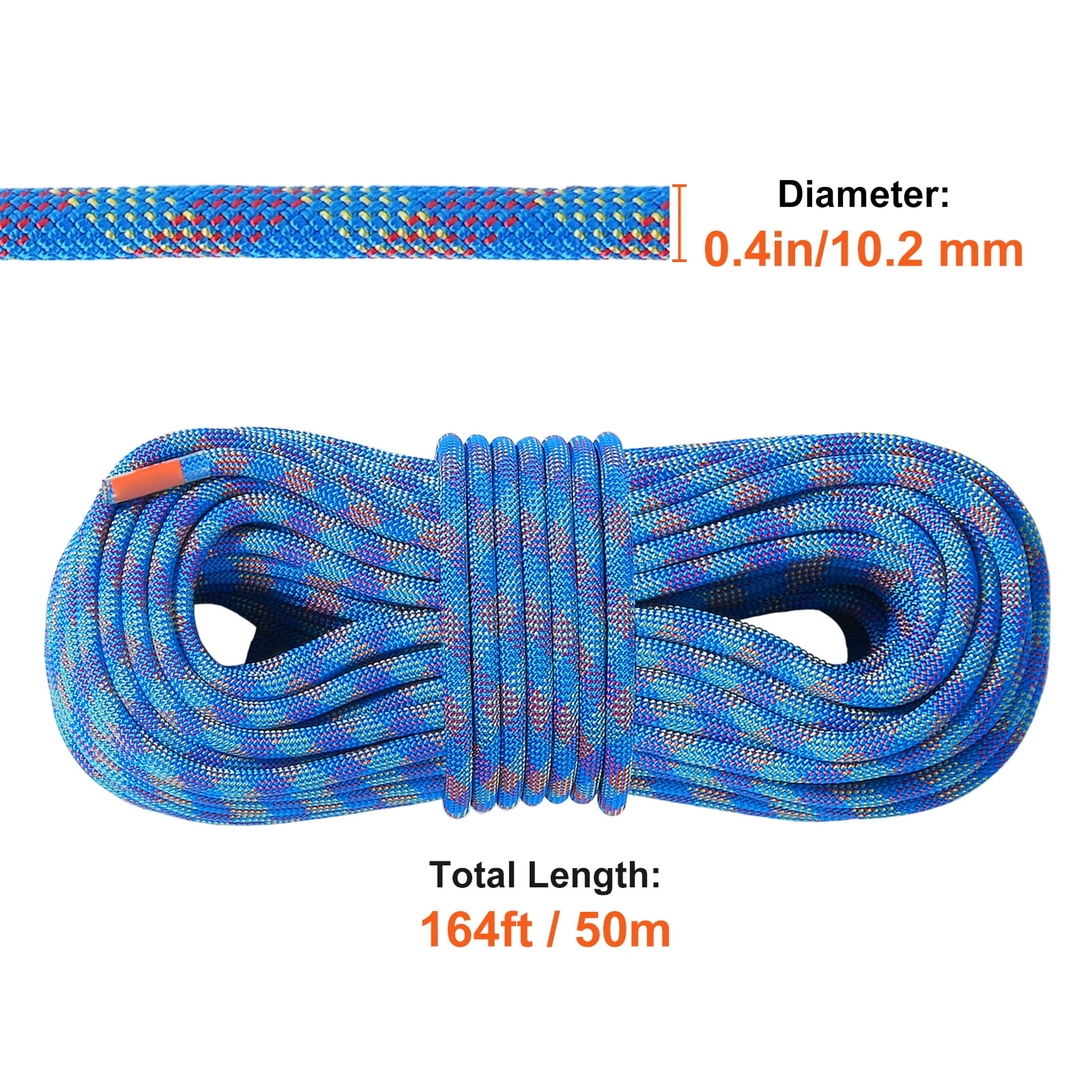 KFFKFF 10.2mm Dynamic Rope, 50M Stretchable Fiber for Climbing, 25KN Tension, Includes Steel Hooks for Rappelling, Escape, Fire Rescue, Blue