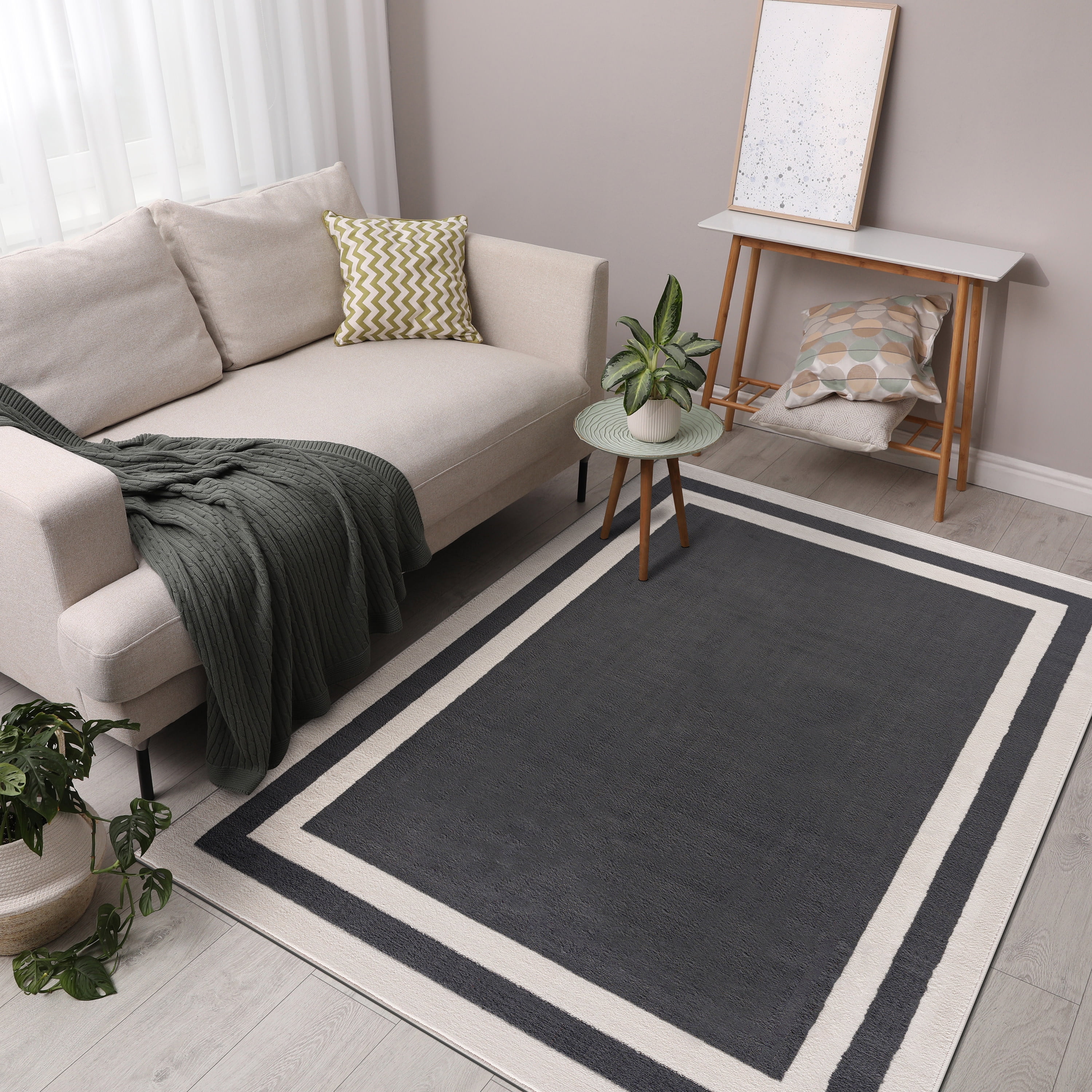 CAMILSON Crystal Dark Grey Area Rug, 3' x 5' Bordered, for Living Room, Bedroom, Dining Room Dark Grey / Cream Indoor Area Rugs
