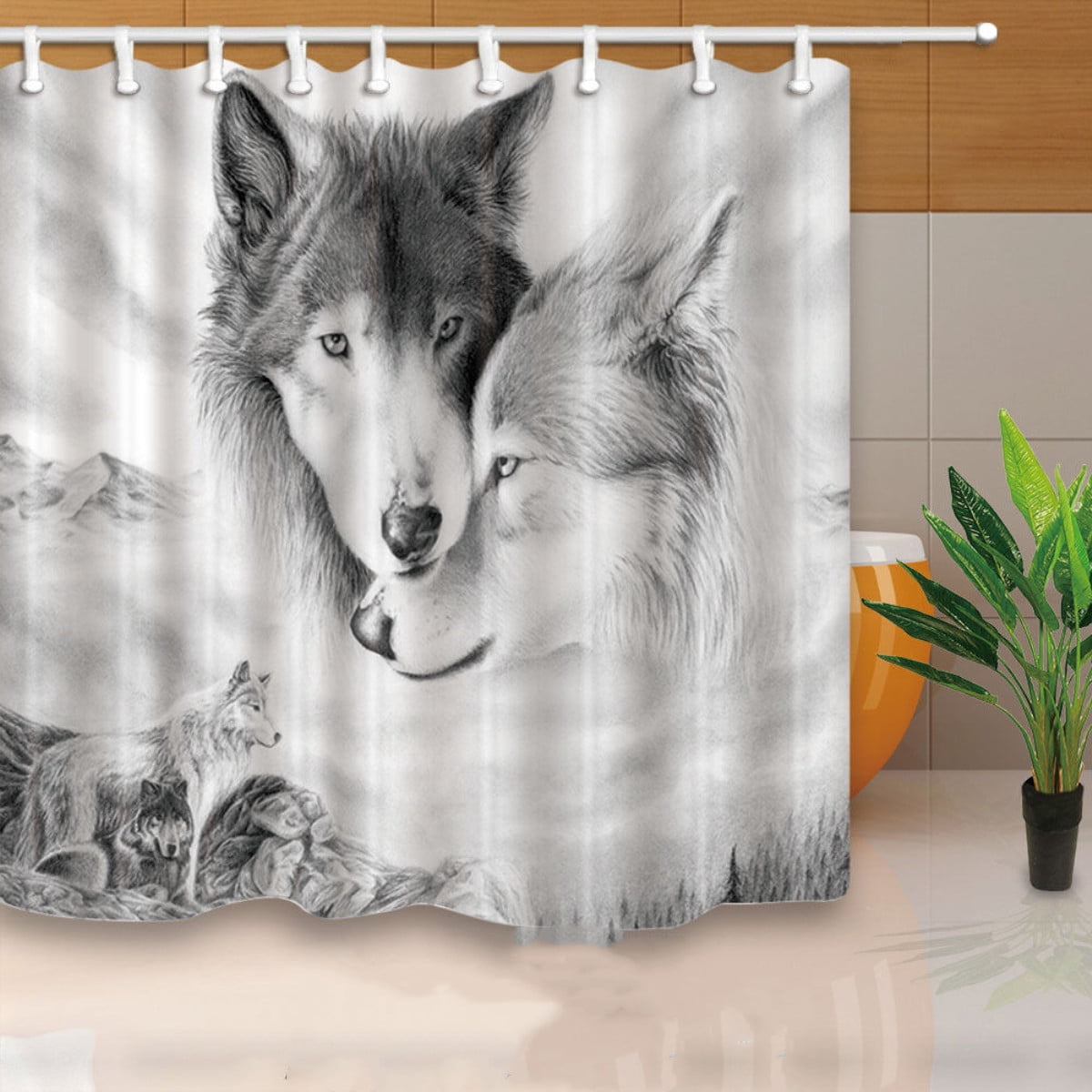 Home Decor Polyester Shower Curtain with Hooks Set of 2 Wolves Printed 