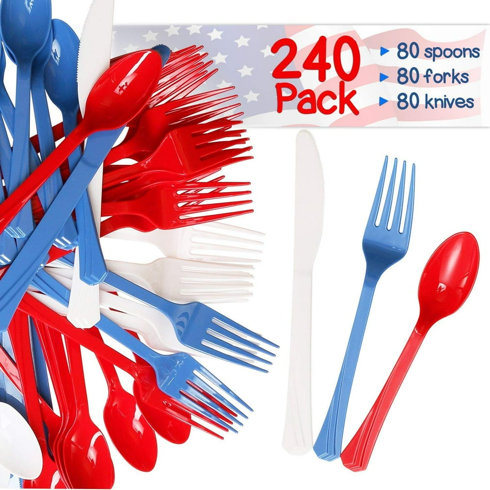 240 Pack USA Patriotic Decorative Cutlery Set in Red, White and Blue