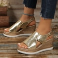 thumbnail image 2 of Women's Metallic Wedge Sandals, Peep Toe Adjustable Buckle Shoes, Comfortable Wide Width Casual Dress Sandals for Daily Party Summer, Gold/Silver, 2 of 8