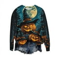 thumbnail image 5 of Uootdi Women's Halloween Pumpkin Graphic Sweatshirt - Glowing Witch Hat Jack Lanterns，Crewneck Long Sleeve,Trendy Fall Outfit,Party Wear Essential Dark Blue Women Tops, 5 of 6