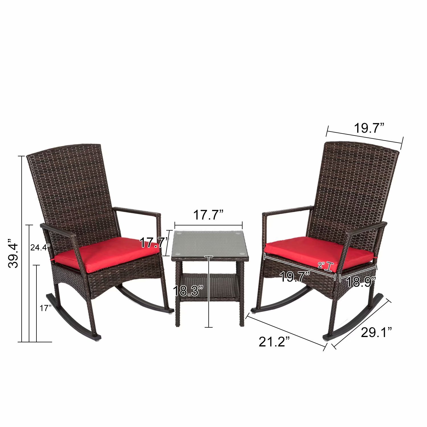 Kinbor 3Pcs Wicker Rattan Rocker Chair Side Tea Table Set Garden Rocking Lounge Chair w/Removable Cushion - image 4 of 5