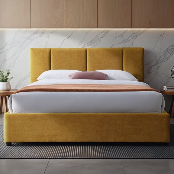 Omax Decor Venice Fabric Upholstered Platform Queen Bed in Gold