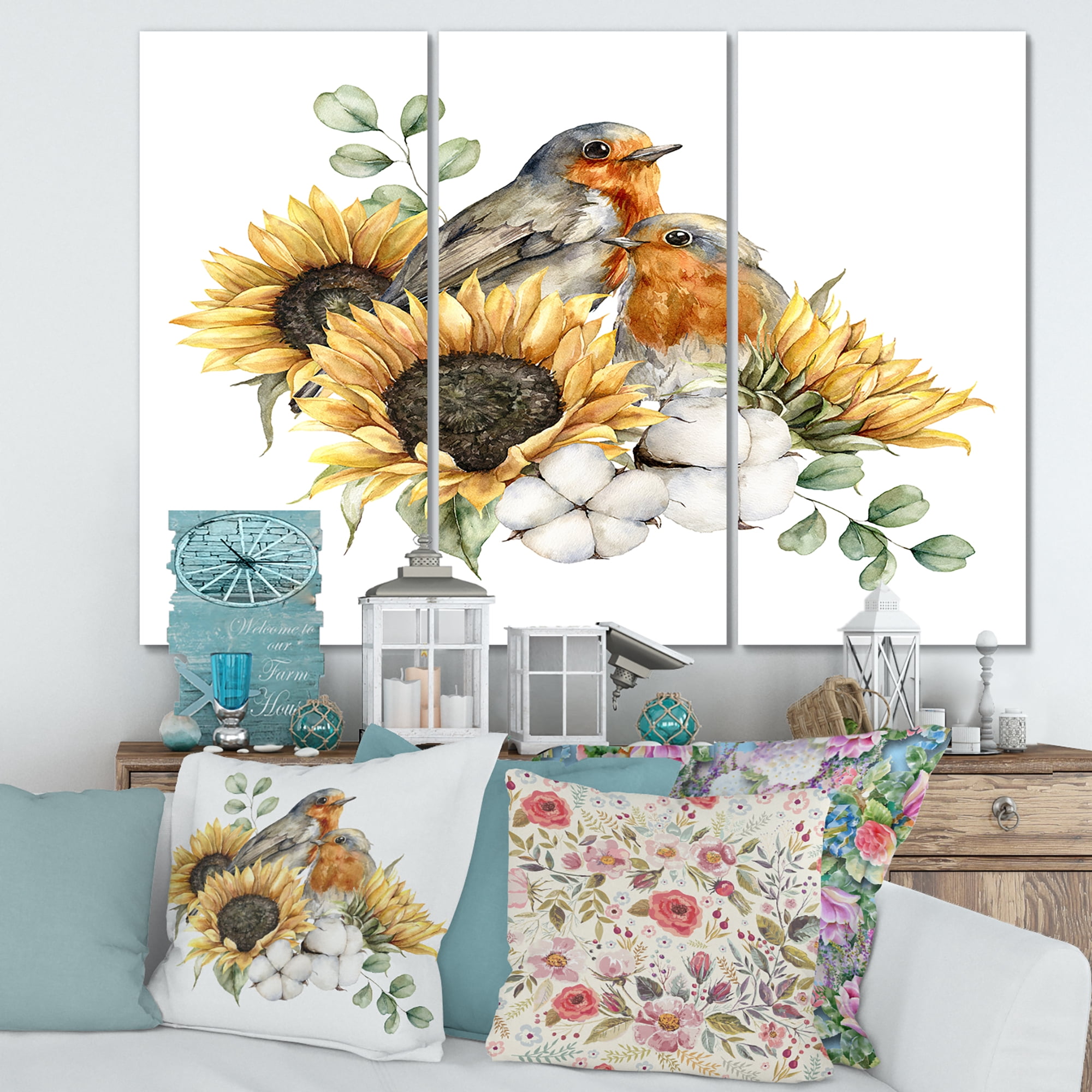Designart ' Autumn Bouquet With Robin Redbreasts Sunflowers Cotton ' Traditional Canvas Wall Art Print