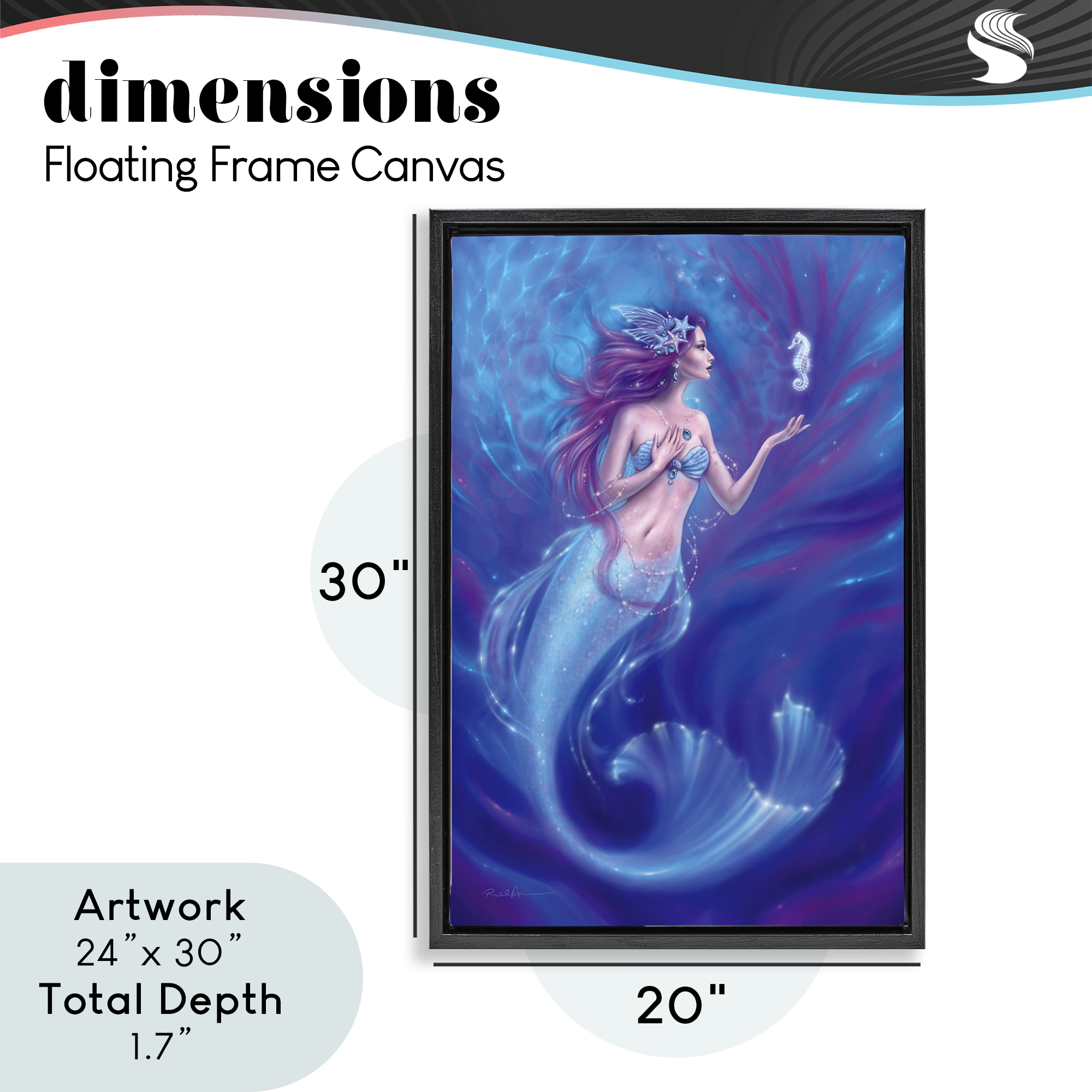 Jewel Bedecked Mermaid & Seahorse Black Framed Floater Canvas Wall Art, design by Rachel Anderson