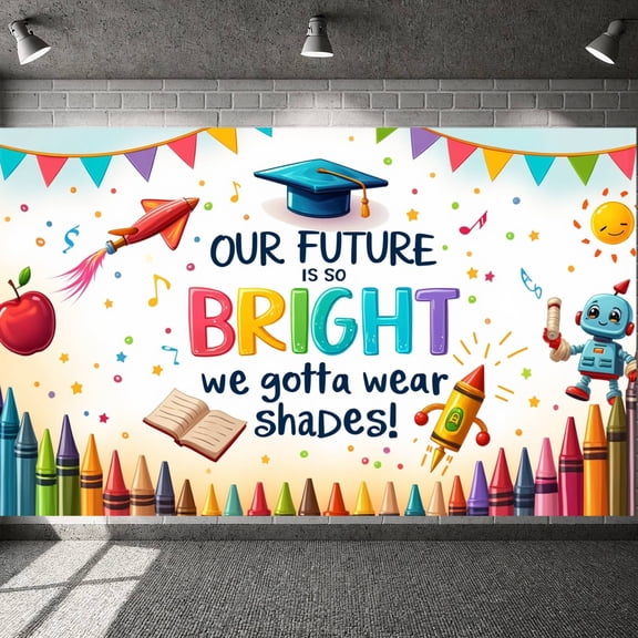 Colorful Design Graduation Banner Bright Theme Future Display Cartoon Rocket Decor Bright Backdrop for Graduation Ceremony School Event Grad Party
