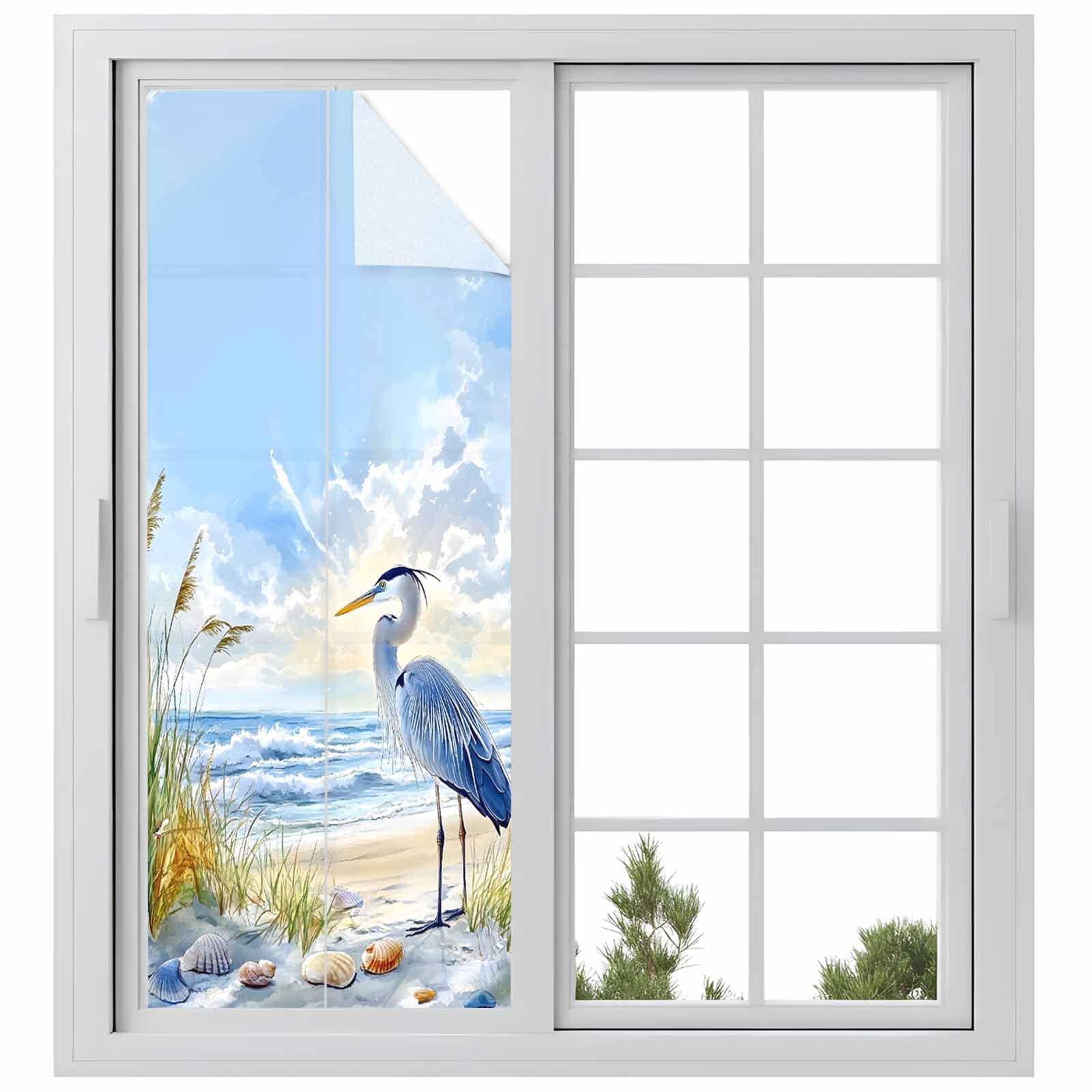 Coastal Birds Window Privacy Film, Blue Sky Heron Seabird Tropical Beach Static Cling UV Sun Blocking Tint Film Heat Control Windows Films for Bedroom Bathroom, Window Stickers 23.6"x59"