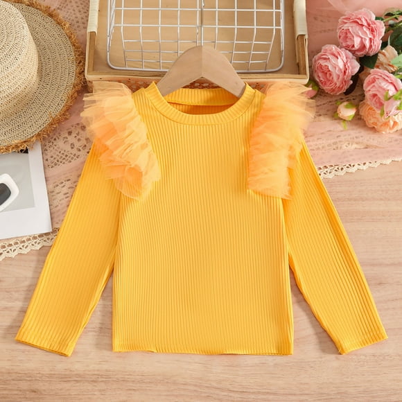 Cowsor Toddler Girl Shirts Ruffle Long Sleeve Baby Girl T-Shirts Kids Blouse, Ribbed Toddler Girl Tee Tops