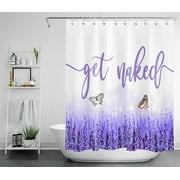 HVEST Get Naked Shower Curtain Lavender Floral with Butterfly Purple and White Bathroom Curtain Farmhouse Bathroom Decor Polyester Waterproof Fabric Spring Bath Curtain with 12 Hooks, 60x72 Inch