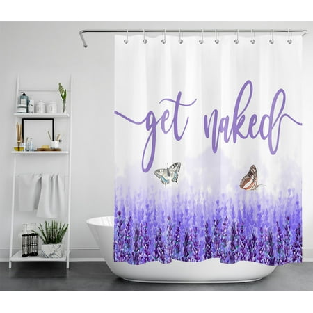 HVEST Get Naked Shower Curtain Lavender Floral with Butterfly Purple and White Bathroom Curtain Farmhouse Bathroom Decor Polyester Waterproof Fabric Spring Bath Curtain with 12 Hooks, 60x72 Inch