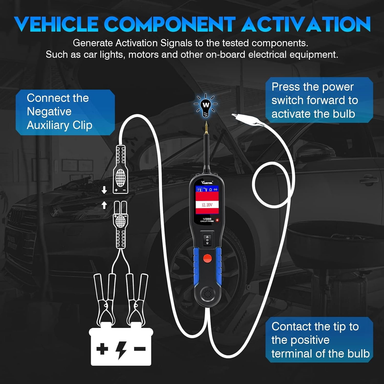 VDIAGTOOL Automotive Power Probe Circuit Tester, 12V/24V Fuse Tester Kit, Electrical Relay Tester Diagnostic Tool with AC/DC Voltage, Resistance, Diode Test, 20+20Ft Cable Blue