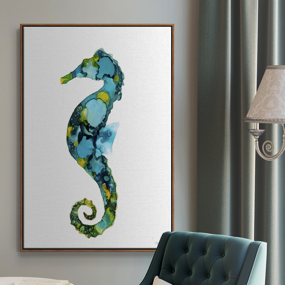 Seahorse Framed Premium Gallery Wrapped Canvas - Ready to Hang - 17 x 25 - Walnut Floating Frame
