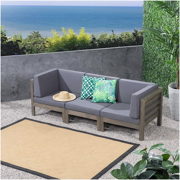 Acacia Wood Outdoor 3-Piece Sofa Set, Dark Gray Water-Resistant Fabric for Patio & Garden