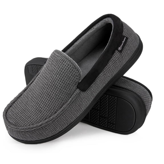 EverFoams Men's Comfort Memory Foam Moccasin Slippers Breathable Terry Cloth House Shoes with Anti-Skid Rubber Sole