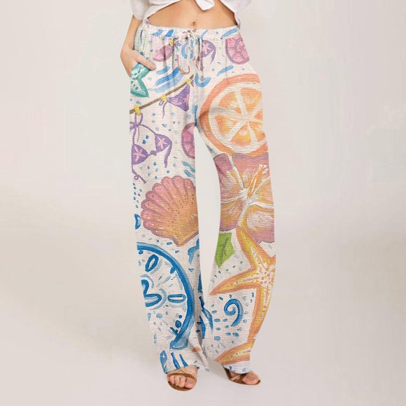Women's Printed Linen Pants 30" Inseam Drawstring Elastic Waist Casual Trousers with Pockets for Everyday and Wear