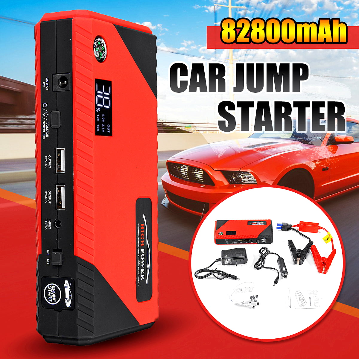 Jump Starter Constant Charge Protection Emergency Power Bank with Digital Display for Motorcycles for Off‑Road Vehicles for 12V Cars