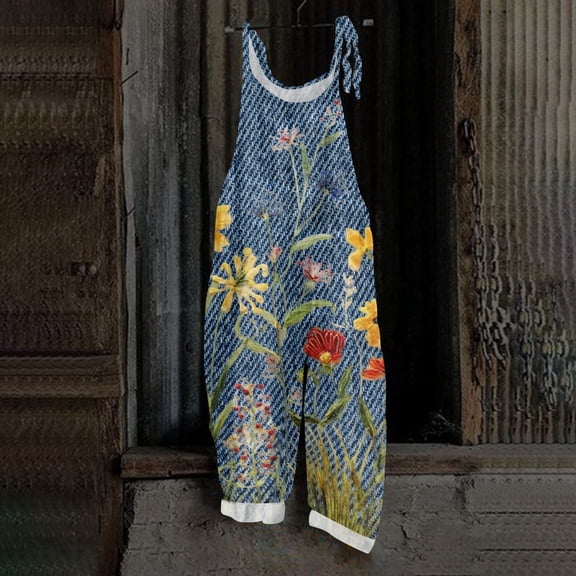 Iaqnaocc Jumpsuits for Women Overalls Casual Loose Adjustable Straps Vintage Floral Print Long Pant with Pockets Overalls for Women Dressy Trendy Outfits Clothes Saffron M