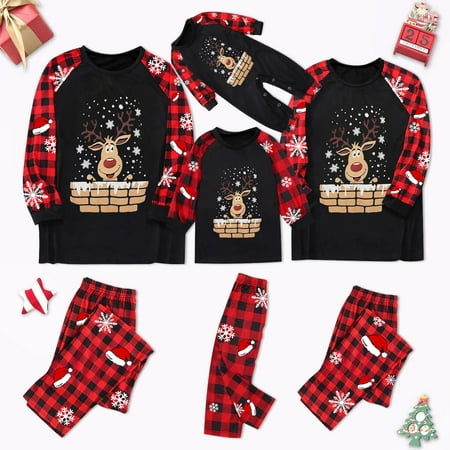 

ERTUTUYI Family Matching Christmas Pajamas Set Plaid Sleeves Beautiful Holiday Pattern Printing Festival For Adults Kids ParentChild Outfit Black 9M