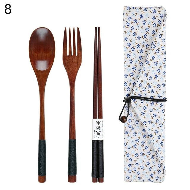 Flmtop 3/4Pcs Reusable Portable Travel Wooden Spoon Chopsticks Fork Tableware Cutlery