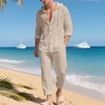 thumbnail image 2 of ZVNAΖH Men's Boho Linen 2-Piece Set Long Sleeve Hooded Button Up Shirt & Drawstring Pants Summer Beach Casual Outfit, 2 of 9