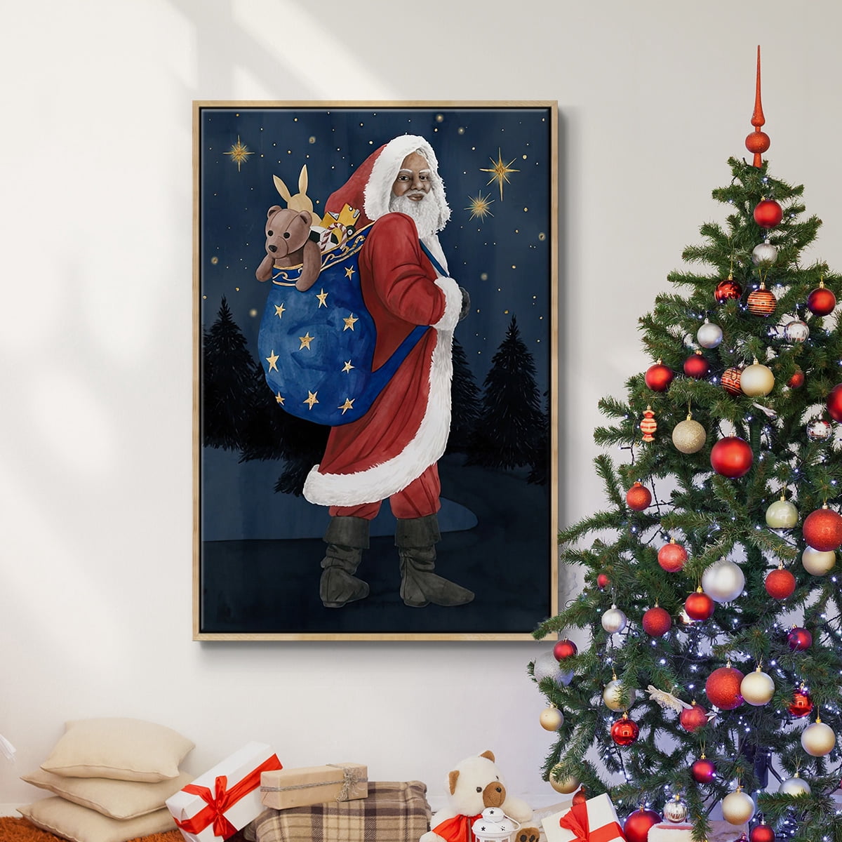 Celestial Christmas Collection B - Framed Gallery Wrapped Holiday Canvas - 17 x 25 - Natural Wood Frame