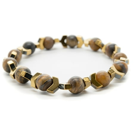 - Wrist Beads Semiprecious Stone Bracelet - Real Tigers Eye and Hematite Gemstones - for Chakra Healing and Balancing, fits Men and Women 7 inch - Adds Boho Charm to Any Outfit, by Orti Jewelry