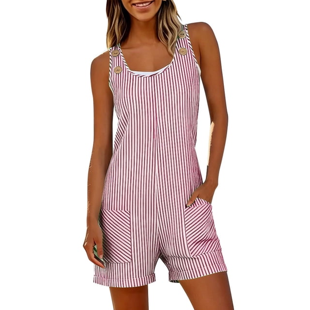 SZJXBUY Ladies Rompers with Pockets Dressy Casual Sleeveless Button Shoulder Striped Rompers Summer Loose Cuffed Hem Short Jumpsuit Red,L