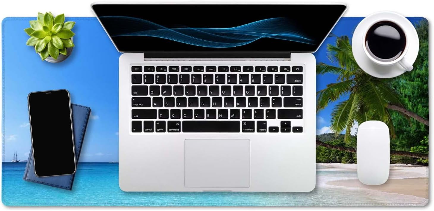 Tropical Paradise Sunshine Beach Coast Sea Palm Trees Mouse Pad 35.5 X 15.7 Inch XXL Full Desk Mousepad Extended Large Non-Slip Rubber Base Waterproof Big Keyboard Mat with Stitched Edges