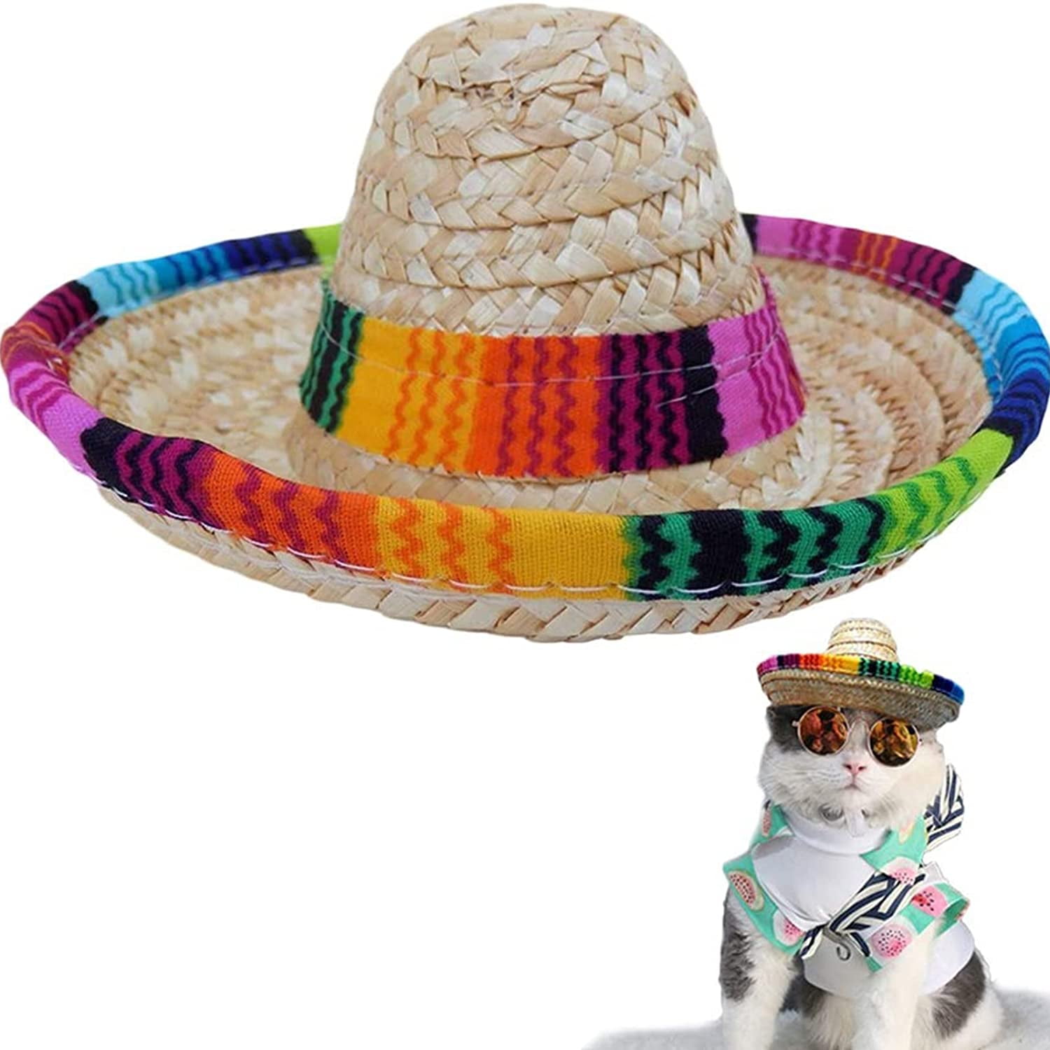 Yirtree Cat Mexican Hat Sombrero Handcrafted Woven Party Straw for Small Dog Pets Puppy -