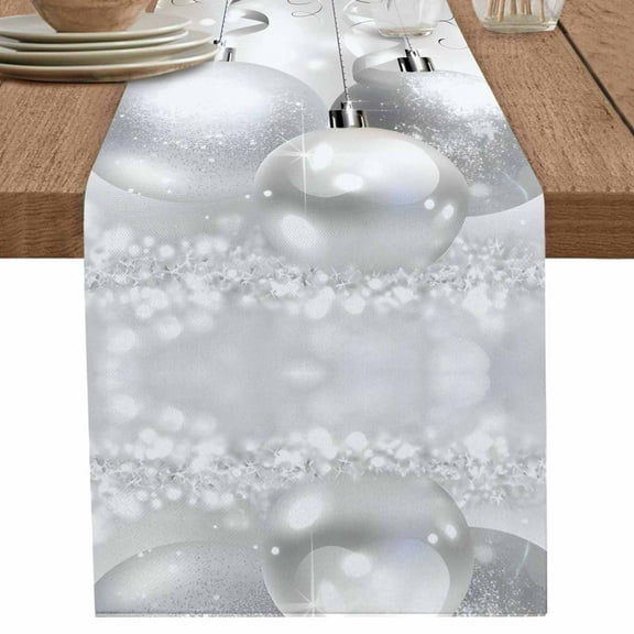 nqOlkjepod Christmas Table Runner 90 Inches Long Farmhouse Dress Scarves, Xmas Silver Balls Glitter Sparkle Stars Dining Tablerunner for Coffee Table/Kitchen Island/Party Décor, 13" x 90"