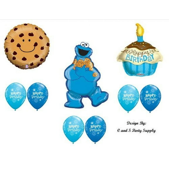 9 pc. Cookie Monster Cupcake Sesame Street Birthday Party Balloons Decorations Supplies