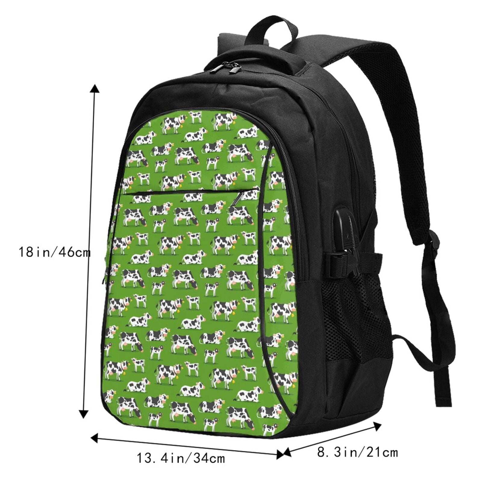 Vsdgher Cows With Calfs Green Print Travel Laptop Backpack, Laptops Backpack with USB Charging Port, Water Resistant Computer Bag Gift for Men & Women
