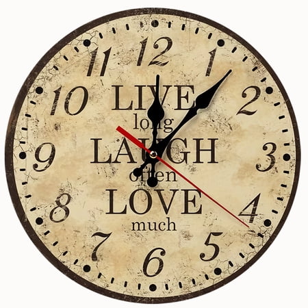 2D Flat Wooden Wall Clock,Live Laugh Love Retro Solid Wood Wall Clock, Quiet Quartz Movement Easy Install Hanging Clock - AA Battery Not Included