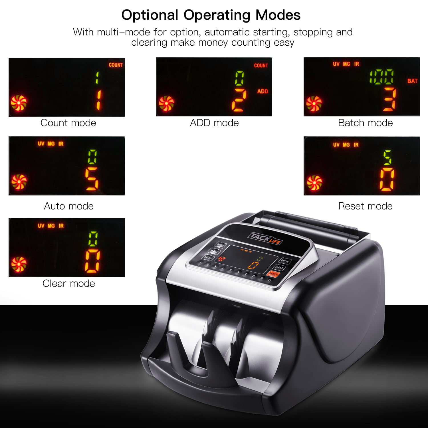 Value Counting MMC03 Black Rechargeable Bill Counting Machine UV/MG/IR Detection Bill Counter USD Money Counter with Counterfeit Bill Detection External Display LED Display Batch Modes 