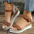 thumbnail image 2 of Rokment Women's Woven Braided Leather Wedge Dressy Sandals Beach Trendy Casual Open Toe Espadrilles Platform Chunky High Heels Comfortable Ankle Strap Walking Summer Shoes for Woman Brown Size 7, 2 of 9