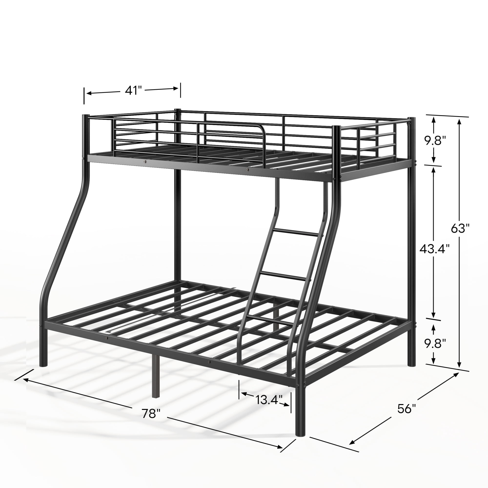 Twin over Full Bunk Bed for All Ages, Heavy Duty 500 lbs Capacity Metal Frame, Low Profile with Guardrail and Ladder, No Box Spring, Easy Assembly for Guest Room Rental, Black