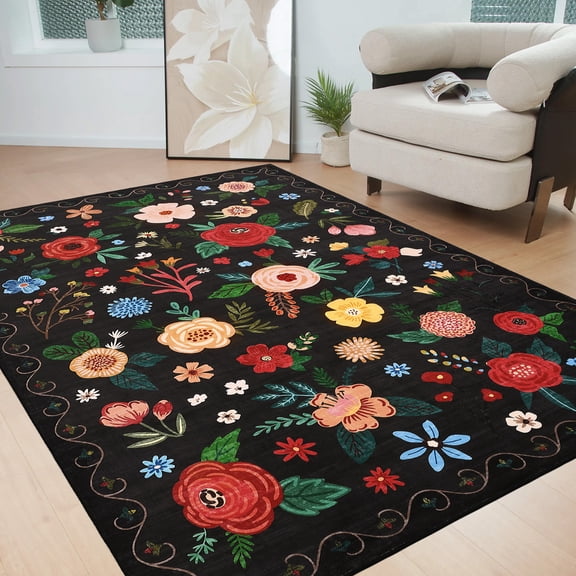 ExpanseEcho Floral Washable Area Rug - Non-Slip Low-Pile Carpet for Living Room, Bedroom, Kitchen & Dining Room