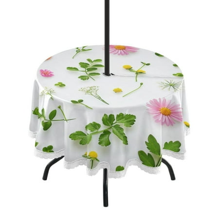 

60 Outdoor Round Tablecloth with Umbrella Hole & White Lace Trim Waterproof Patio Table Cover for Garden Kitchen Dining Colorful Flowers and Leaves