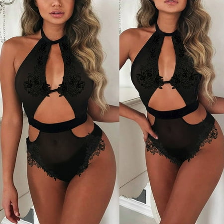 

RPVATI Women s Sexy Halter Hollow One Piece Bodysuit Teddy Sexy Lace Lingerie
