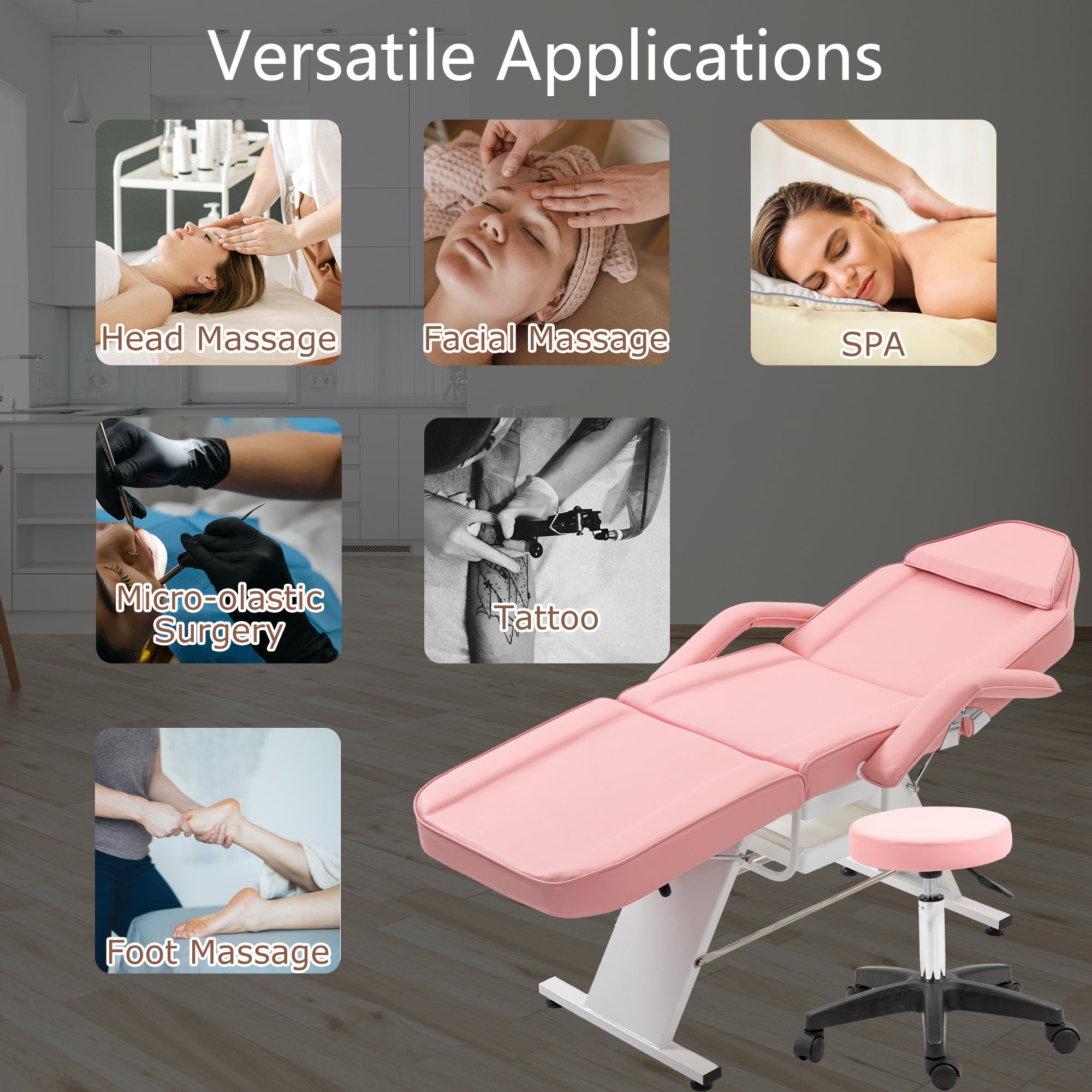 Miniyam 72.7" x 24.4" x 27.6" 3-in-1 Massage Bed & Tattoo Chair – 2 Trays, Hydraulic Stool, Adjustable 3 Sections – for Facial, Beauty, Barber – Pink