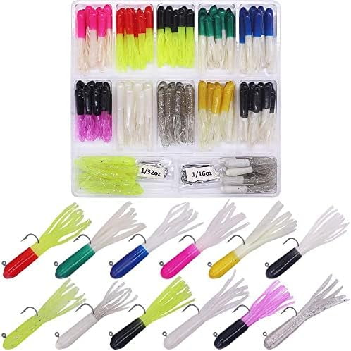 Crappie Jigs Kit with Tube Baits 120pcs Soft Plastic Crappie Lures (12 Colors) & 10 Jig Heads for Panfish & Trout Fishing